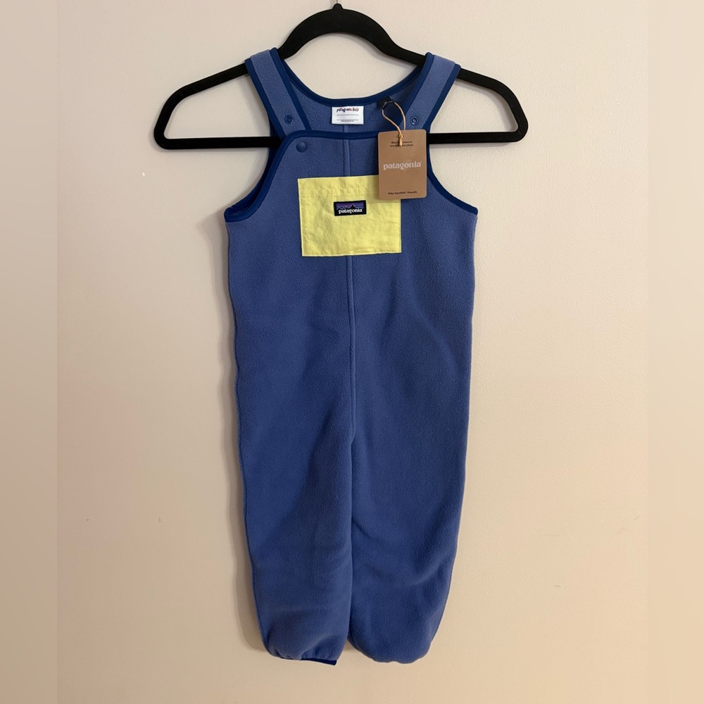 Patagonia Kids Blue Fleece Overalls with Yellow Pocket 3T- NEW